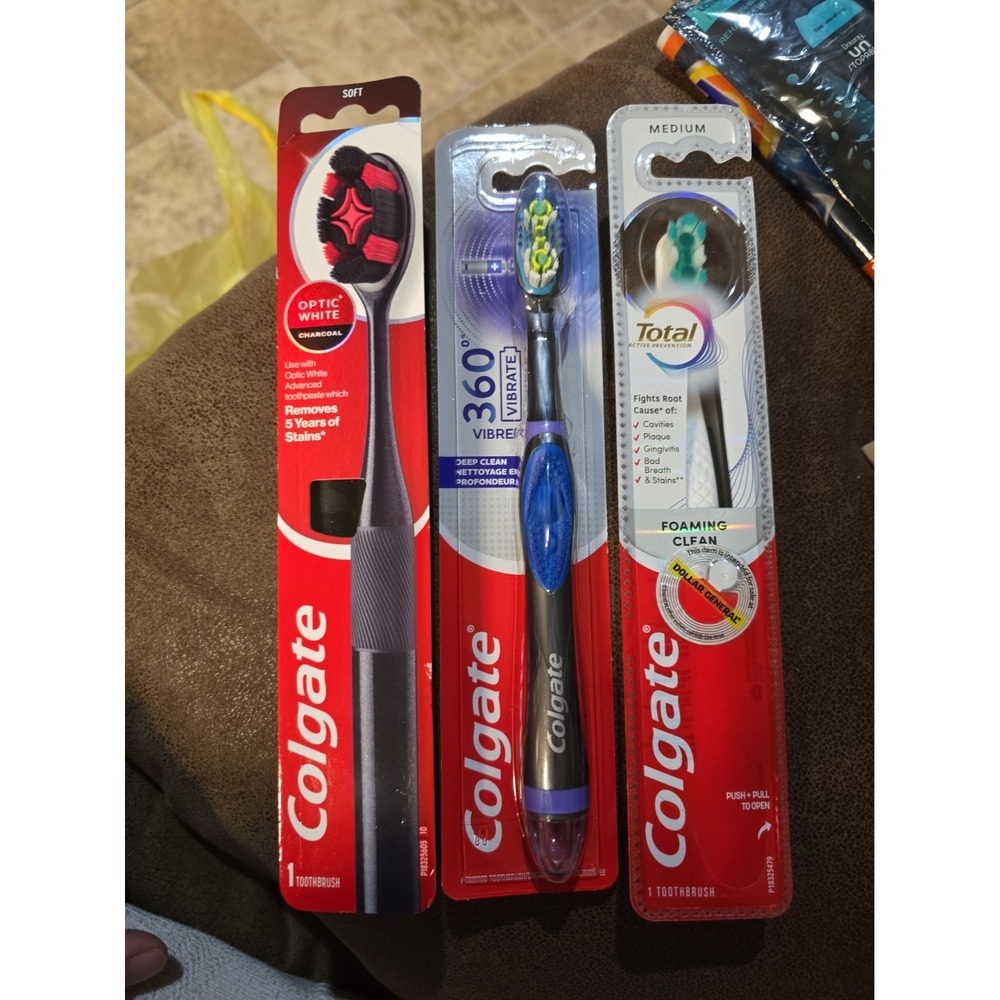 Colgate Toothbrush Lot Of 3 New Sealed Charcoal Optic, 360 Vibration & Total